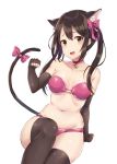  1girl :d animal_ears bare_shoulders bell black_gloves black_hair black_legwear bow bra breasts brown_eyes cat_ears cat_girl cat_tail choker collarbone elbow_gloves fingerless_gloves gloves hair_bow highres idolmaster idolmaster_cinderella_girls jingle_bell kemonomimi_mode long_hair looking_at_viewer medium_breasts nakano_yuka navel open_mouth panties pink_bow pink_bra pink_choker pink_panties sidelocks simple_background smile solo stomach tail tail_bow thighhighs thighs twintails underwear white_background zhi_zhi/zu_zu 