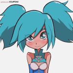  bare_shoulders blue_eyes blue_gloves blue_hair blue_neckwear breasts cleavage elbow_gloves evie_(paladins) eyebrows eyebrows_visible_through_hair frown gloves paladins sad stuffted twintails white_background 