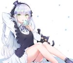  1girl ankle_strap arm_behind_head bangs blunt_bangs blush bow bowtie cat collared_dress cpqm dress eyebrows_visible_through_hair facial_mark food girls_frontline green_eyes hair_ornament hairband hat highres hk416_(girls_frontline) holding holding_food ice_cream licking long_hair looking_at_viewer mini_hat purple_legwear silver_hair sitting socks solo teardrop tongue tongue_out very_long_hair white_dress younger 