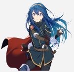  1girl belt blue_eyes blue_footwear blue_hair blue_tunic bodysuit cape english_commentary fingerless_gloves fire_emblem fire_emblem_awakening fire_emblem_heroes gloves hair_between_eyes long_hair looking_at_viewer lucina open_mouth red_cape ribbed_bodysuit ryon_(ryonhei) scarf shoulder_armor strap super_smash_bros. tiara wrist_cuffs 