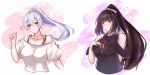  2girls :o alternate_costume alternate_hairstyle bare_shoulders black_hair black_shirt blush bow breasts chiyuyu_18 collarbone eyebrows_visible_through_hair fate/grand_order fate_(series) floral_background hair_between_eyes hair_bow hair_ornament hair_scrunchie hand_on_own_chest heart large_breasts long_hair looking_at_viewer mitsudomoe_(shape) multiple_girls off-shoulder_shirt off_shoulder osakabe-hime_(fate/grand_order) pink_scrunchie ponytail purple_bow purple_eyes red_eyes scrunchie shirt silver_hair sleeveless sleeveless_shirt smile sweatdrop tomoe_(symbol) tomoe_gozen_(fate/grand_order) very_long_hair white_background white_shirt 