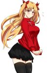  1girl alternate_breast_size bangs black_legwear black_skirt blonde_hair breasts commentary_request cosplay earrings ereshkigal_(fate/grand_order) eyebrows_visible_through_hair fate/grand_order fate_(series) hair_ribbon jewelry large_breasts long_hair parted_bangs rakku_(10219563) red_eyes red_ribbon red_shirt ribbon shirt shirt_tug simple_background skirt solo sweatdrop thighhighs toosaka_rin toosaka_rin_(cosplay) two_side_up white_background zettai_ryouiki 