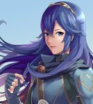  1girl a_meno0 blue_eyes blue_hair blue_scarf cape fingerless_gloves fire_emblem fire_emblem_awakening fire_emblem_heroes gloves looking_at_viewer lucina parted_lips ribbed_sweater scarf shoulder_armor super_smash_bros. sweater tiara 