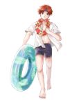  1boy barefoot blue_eyes blue_headband closed_mouth fire_emblem fire_emblem:_the_binding_blade flower flower_necklace headband highres holding innertube jewelry looking_at_viewer male_focus male_swimwear mameno_62 necklace open_clothes open_shirt red_hair roy_(fire_emblem) shirt short_sleeves simple_background smile solo swimwear white_background white_shirt 