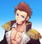  1boy beard blue_eyes brown_hair chest commentary_request daikotaiko epaulettes facial_hair fate/grand_order fate_(series) long_sleeves looking_at_viewer male_focus napoleon_bonaparte_(fate/grand_order) open_clothes open_shirt pectorals scar simple_background smile solo teeth uniform upper_body 