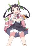  1girl :d backpack bag bakemonogatari bandaid bandaid_on_knee black_hair black_skirt blush brown_eyes crossed_arms fang green_ribbon hachikuji_mayoi hair_ribbon hairband ixy long_hair looking_at_viewer monogatari_(series) open_mouth pink_neckwear pink_ribbon ribbon short_sleeves simple_background skirt smile solo standing twintails white_background white_hairband 