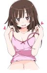  1girl bakemonogatari blush brown_eyes brown_hair camisole camisole_pull collarbone heart ixy looking_at_viewer medium_hair monogatari_(series) navel open_mouth pink_camisole sengoku_nadeko smile solo white_background 