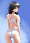 1girl ass black_hair blue_background brown_eyes commentary_request competition_swimsuit cowboy_shot from_behind gradient gradient_background hands_on_own_thighs highres katahira_masashi lips long_hair looking_to_the_side one-piece_swimsuit original profile solo standing swimsuit white_swimsuit 