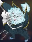  anthro bone bottomwear brown_background clothed clothing dancing eyewear felid fur hi_res irura0323 lion male mammal mane_hair monocle pantherine simple_background skeleton snow_(tas) solo tokyo_afterschool_summoners topwear video_games white_fur 