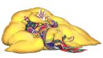  2018 4_toes 5_fingers barefoot belly big_tail bodypaint canid canine clothing dessert face_paint fingers food fox fox_earring fur hi_res hyper_tail ice_cream jacketbear kabuki male mammal nipples open_mouth open_smile overweight overweight_male pawpads pentagram pink_eyes reclining ring sitting smile toes yellow_fur 