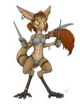  2019 4_toes abs anthro armor bikini_armor brown_fur claws clothing digital_media_(artwork) digitigrade ear_piercing ear_ring ecmajor female fur hair hi_res holding_object holding_weapon mammal midriff monochrome navel out-of-placers piercing simple_background solo standing tail_tuft toes tuft valsalia warrior weapon webcomic yinglet 