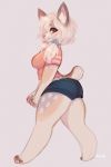  &lt;3 &lt;3_eyes anthro barefoot bottomwear brown_fur canid canine canis clothing domestic_dog ear_piercing ear_ring female fur grey_fur hair hi_res kolae mammal piercing pigtails shirt shorts simple_background solo topwear 