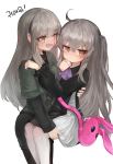 2girls :d ahoge ascot bag bangs black_dress black_legwear blood blush brown_eyes bunny_bag carrying closed_mouth commentary_request dokomon dress eyebrows_visible_through_hair facial_scar girls_frontline green_jacket grey_hair hair_between_eyes hair_tie jacket korean_commentary korean_text long_hair long_sleeves multiple_girls one_side_up open_clothes open_jacket open_mouth pantyhose puffy_long_sleeves puffy_sleeves purple_neckwear scar scar_across_eye scar_on_cheek shoulder_bag simple_background smile tears translation_request ump40_(girls_frontline) ump45_(girls_frontline) very_long_hair white_background white_legwear 