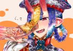  1girl :d bangs blush braid erection fangs fate/grand_order fate_(series) fingernails hat hikimayu horns kikuta large_penis long_hair oni open_mouth penis pointy_ears purple_eyes purple_hair red_nails sharp_fingernails shuten_douji_(fate/grand_order) smile solo_focus talisman teeth tongue veins veiny_penis 