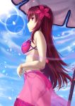  1girl absurdres bikini blue_sky breasts brown_hair closed_mouth cowboy_shot day fate/grand_order fate_(series) floating_hair flower from_side hair_between_eyes hair_flower hair_ornament highres huge_filesize lens_flare long_hair looking_at_viewer outdoors parasol profile red_bikini red_eyes red_flower sarong scathach_(fate)_(all) scathach_(swimsuit_assassin)_(fate) side-tie_bikini sideboob sky smile solo sou_skate714 standing swimsuit umbrella very_long_hair 