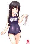  1girl alternate_costume artist_logo ass_visible_through_thighs bangs black_eyes black_hair blue_swimsuit blunt_bangs clenched_hand commentary_request cowboy_shot dated food highres kanon_(kurogane_knights) kantai_collection kitakami_(kantai_collection) long_hair looking_at_viewer mouth_hold name_tag popsicle school_swimsuit simple_background solo standing swimsuit thigh_gap white_background 