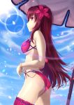  1girl absurdres bikini blue_sky breasts brown_hair closed_mouth cowboy_shot day fate/grand_order fate_(series) floating_hair flower from_side hair_between_eyes hair_flower hair_ornament highres huge_filesize lens_flare long_hair looking_at_viewer outdoors parasol profile red_bikini red_eyes red_flower scathach_(fate)_(all) scathach_(swimsuit_assassin)_(fate) side-tie_bikini sideboob sky smile solo sou_skate714 standing swimsuit umbrella very_long_hair 
