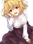  1girl :d arcueid_brunestud bent_over blonde_hair eyebrows_visible_through_hair hair_between_eyes hand_in_hair long_skirt long_sleeves looking_at_viewer medium_hair open_mouth purple_skirt red_eyes shinobu1132 simple_background skirt slit_pupils smile solo standing sweater tsukihime white_background white_sweater 