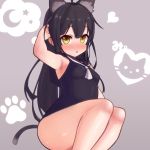  1girl :o ahoge animal_ear_fluff animal_ears arm_up armpits bangs bare_arms bare_shoulders black_hair black_sailor_collar black_swimsuit blush breasts brown_eyes cat_ears cat_girl cat_tail commentary_request covered_nipples crescent eyebrows_visible_through_hair grey_background hair_between_eyes heart highres kantai_collection long_hair mikazuki_(kantai_collection) one-piece_swimsuit parted_lips rose_neru sailor_collar small_breasts solo star swimsuit tail thighs very_long_hair white_neckwear 