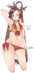  1girl :p arm_up armpits artist_name bare_shoulders bikini breasts brown_eyes brown_hair cleavage closed_mouth collarbone dated guilty_gear hair_ornament highres kuma_(jk0073) kuradoberi_jam long_hair looking_at_viewer medium_breasts navel red_swimsuit side-tie_bikini signature simple_background smile solo standing swimsuit tongue tongue_out twintails very_long_hair white_background 