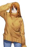  1girl :d :| blue_eyes brown_hair brown_sweater closed_mouth commentary_request denim hand_on_own_head highres jeans jun_(seojh1029) long_hair long_sleeves looking_to_the_side open_mouth original oversized_clothes pants simple_background skinny_jeans sleeves_past_wrists smile sweater turtleneck turtleneck_sweater upper_body white_background 