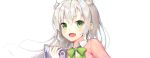 1girl blush bow collared_shirt double_bun eyebrows_visible_through_hair fang green_bow green_eyes grey_hair highres holding long_hair looking_at_viewer open_mouth original shirt shoonia simple_background smile solo upper_body very_long_hair white_background white_shirt 