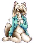  2019 amber_eyes anthro black_fur bottomless canid canine canis claws clothed clothing female fur grey_fur hair jewelry mammal michele_light necklace simple_background solo white_background white_fur white_hair wolf 
