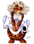  2019 anthro black_fur breasts cleavage clothed clothing dress felid female fur mammal michele_light orange_fur pantherine purple_eyes simple_background solo tan_fur tiger white_background white_fur yellow_fur 