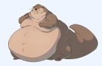  anthro belly belly_overhang better_version_at_source big_belly brown_fur catarsi chubby_cheeks claws double_chin eyes_closed fur gesture hi_res lutrine male mammal moobs morbidly_obese mustelid navel nude obese obese_male overweight overweight_male smile solo standing thick_tail thick_thighs toe_claws waving wide_hips 