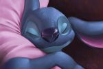  2019 alien blue_fur blue_nose disney experiment_(lilo_and_stitch) eyes_closed flyttic fur lilo_and_stitch one_ear_up pillow sleeping smile solo stitch_(lilo_and_stitch) 