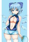  1girl absurdres alternate_breast_size alternate_costume ass_visible_through_thighs bangs bare_shoulders blue_background blue_bow blue_skirt blue_swimsuit bow breasts cameltoe casual_one-piece_swimsuit center_opening cirno cleavage cowboy_shot detached_wings elbow_gloves fan food gloves hair_between_eyes hair_bow highres holding holding_fan holding_food ice ice_wings isshin_(sasayamakids) large_breasts miniskirt navel one-piece_swimsuit paper_fan parted_lips popsicle short_hair simple_background skindentation skirt solo sweat swimsuit thighhighs touhou uchiwa white_legwear wings 