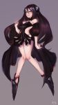  1girl absurdres bare_shoulders black_dress breasts cleavage detached_sleeves dreamer_(girls_frontline) dress eonsang girls_frontline grin hair_between_eyes headgear highres huge_filesize long_hair looking_at_viewer purple_background purple_hair sangvis_ferri simple_background smile solo very_long_hair yellow_eyes 