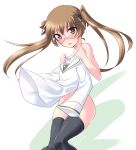  1girl bangs black_ribbon blush brown_eyes brown_hair commentary covering dated eyebrows_visible_through_hair frown girls_und_panzer glasses hair_ribbon head_tilt highres holding kuzuryuu_kennosuke long_hair long_sleeves looking_at_viewer navel nude ooarai_school_uniform oono_aya open_mouth ribbon round_eyewear school_uniform serafuku simple_background skindentation solo standing thighs twintails twitter_username white_background 