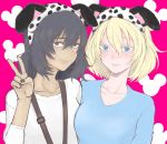  2girls absurdres andou_(girls_und_panzer) animal_ears bangs banira_(oocooocooocoo) black_hair blonde_hair blue_eyes blue_shirt blush brown_eyes casual closed_mouth commentary dark_skin disney eyelashes fake_animal_ears frown girls_und_panzer highres long_sleeves looking_at_viewer medium_hair messy_hair mickey_mouse_ears mouse_ears multiple_girls oshida_(girls_und_panzer) pink_background pose shirt side-by-side smile suspenders v white_shirt 