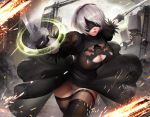  1girl bangs black_dress black_footwear black_gloves black_legwear blindfold boots breasts cleavage cleavage_cutout closed_mouth dated dress dual_wielding feather_trim gloves hairband holding holding_sword holding_weapon kaze_no_gyouja large_breasts lips long_sleeves mole mole_under_mouth nier_(series) nier_automata panties pod_(nier_automata) puffy_sleeves shiny shiny_clothes shiny_hair short_hair signature simple_background sword thigh_boots thighhighs underwear weapon white_hair white_panties yorha_no._2_type_b 