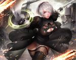  1girl bangs black_dress black_footwear black_gloves black_legwear blue_eyes boots breasts cleavage cleavage_cutout closed_mouth dated dress dual_wielding feather_trim gloves hairband holding holding_sword holding_weapon kaze_no_gyouja large_breasts lips long_sleeves mole mole_under_mouth nier_(series) nier_automata panties pod_(nier_automata) puffy_sleeves shiny shiny_clothes shiny_hair short_hair signature simple_background sword thigh_boots thighhighs underwear weapon white_hair white_panties yorha_no._2_type_b 