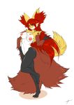  2019 absurd_res anthro breasts delphox female fur hi_res inner_ear_fluff looking_at_viewer mammal mirapony nintendo nipples nude pok&eacute;mon pok&eacute;mon_(species) simple_background smile solo video_games yellow_fur 