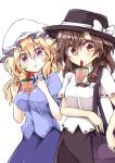  2girls aki_chimaki arm_across_waist bag bangs black_headwear black_skirt blonde_hair blue_shirt blue_skirt blush bow breasts brown_hair bubble_tea bubble_tea_challenge cup disposable_cup drinking drinking_straw eyebrows_visible_through_hair fedora hair_between_eyes hair_bow handbag hat hat_bow highres large_breasts looking_at_another maribel_hearn mob_cap multiple_girls purple_eyes raised_eyebrows red_eyes shiny shiny_hair shirt short_sleeves simple_background skirt small_breasts standing surprised touhou usami_renko white_background white_bow white_headwear white_shirt 