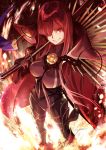  1girl bangs black_bodysuit bodysuit breasts cape chain family_crest fate/grand_order fate_(series) fire grin hair_over_one_eye katana koha-ace large_breasts long_hair looking_at_viewer oda_nobunaga_(fate) oda_uri red_eyes red_hair smile solo sword tyone very_long_hair weapon 