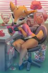  2019 aggressive_retsuko anthro canid canine cervid clothing detailed_background domestic_pig female fenneko front_view fur hooves male mammal miles_df navel phone retsuko sanrio shirt sitting solo_focus suid suina sus_(pig) ton topwear tsunoda 