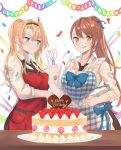  2girls apron asymmetrical_bangs bangs beatrix_(granblue_fantasy) birthday_cake black_neckwear blonde_hair blue_bow blue_eyes bow brown_hair cake confetti english_commentary eyebrows_visible_through_hair food fruit granblue_fantasy hair_between_eyes happy_birthday highres holding_pot holding_whisk icing licking_lips long_hair looking_at_another looking_at_viewer loose_necktie multiple_girls necktie plaid plaid_apron red_apron renzu_(lens_02) strawberry swept_bangs table tongue tongue_out very_long_hair whisk yellow_eyes zeta_(granblue_fantasy) 
