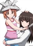  2girls armor bangs blue_shorts blunt_bangs brown_eyes brown_hair child_carry commentary dress_shirt eyebrows_visible_through_hair frown girls_und_panzer hand_on_another&#039;s_head hand_on_another&#039;s_shoulder helmet highres holding japanese_armor kabuto long_sleeves looking_at_viewer mother_and_daughter multiple_girls newspaper nishizumi_miho nishizumi_shiho omachi_(slabco) open_mouth paper_hat pink_shirt shirt short_hair shorts simple_background smile straight_hair tank_top twitter_username upper_body white_background white_shirt younger 