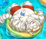  anthro blue_eyes clothed clothing eyewear felid floating fur glasses hi_res holding_object male mammal musclegut muscular muscular_male pantherine ralphthefeline short solo striped_fur stripes swimming_pool tiger topless water white_fur 
