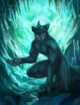  2019 5_fingers anthro aurru canid canine cave claws digitigrade fingers green_eyes hi_res ice icicle inner_ear_fluff inside kneeling looking_up mammal neck_tuft nude solo toe_claws tuft water were werecanid werecanine werewolf 
