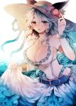  1girl animal_ears bracelet breasts cat_ears cleavage commentary_request ears_through_headwear erune flower granblue_fantasy hair_tubes hat hat_flower heles highres jewelry large_breasts long_hair looking_at_viewer one-piece_swimsuit sarong solo sun_hat swimsuit very_long_hair white_hair white_swimsuit wiriam07 yellow_eyes 