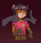  2019 ailurid anthro black_hair blep brown_fur clothing collar digital_media_(artwork) fur gesture green_eyes group hair hand_on_shoulder hi_res looking_at_viewer male mammal one_eye_closed orange_fur red_panda shirt simple_background solo_focus standing star t-shirt thumbs_up tongue tongue_out topwear twang wink 