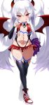  1girl :p arm_behind_back ass_visible_through_thighs black_legwear black_panties black_sleeves blush breasts cheerleader cleavage_cutout commentary_request condom cum demon_girl demon_horns demon_wings detached_sleeves full_body grim_aloe highleg highleg_panties highres holding horns long_hair microskirt midriff naughty_face navel panties pom_poms quiz_magic_academy quiz_magic_academy_the_world_evolve red_eyes red_footwear red_shirt shimejinameko shirt shoes silver_hair simple_background skirt small_breasts smile solo thighhighs thighs thih_gap tongue tongue_out twintails underwear used_condom very_long_hair white_background wings 
