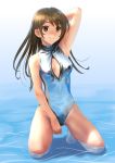  1girl breasts brown_eyes brown_hair cleavage cleavage_cutout commentary_request front_zipper_swimsuit gradient gradient_background highres katahira_masashi kneeling looking_at_viewer meme_attire one-piece_swimsuit original shiny shiny_clothes silver_swimsuit small_breasts smile soaking_feet solo swimsuit turtleneck water 