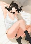 1girl absurdres arm_up armpits bangs black_hair black_legwear black_panties breasts cleavage closed_eyes collarbone commentary_request hand_to_own_mouth highres indoors large_breasts legs_up lying messy_hair naoko_(9113419) no_pants on_back on_bed open_mouth original panties shirt solo tearing_up underwear waking_up white_pillow white_shirt yawning 