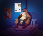  2019 anthro balls bed belly blush brown_fur canid canine clothing english_text flaccid fur hi_res humanoid_hands jking1200 male mammal moobs navel night nipples overweight overweight_male penis phone raccoon_dog sitting tanuki text underwear 